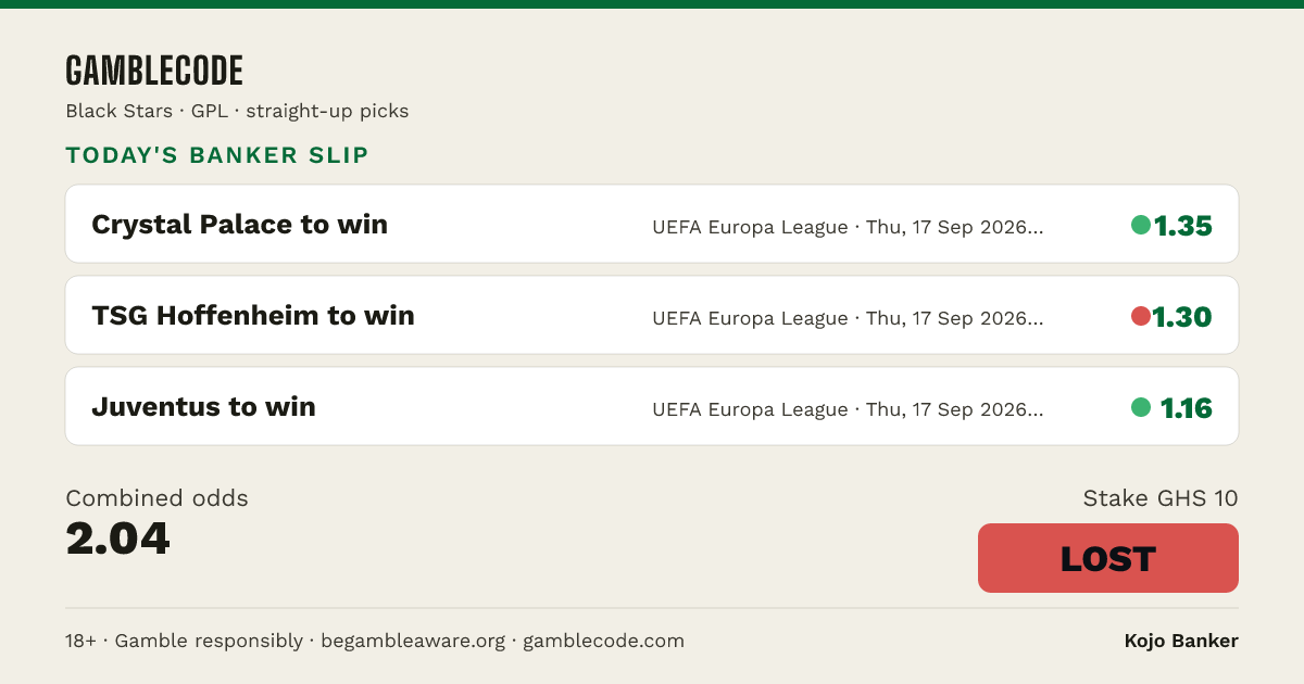 Chale, Thursday's Europa League Card Has Juve, Palace and Hoffenheim All Fancied - slip card