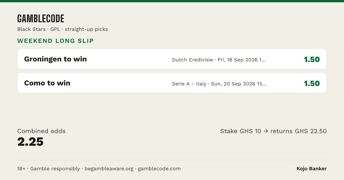 Kojo Banker's Weekend Slip: Groningen and Como Both Backed to Win - slip card