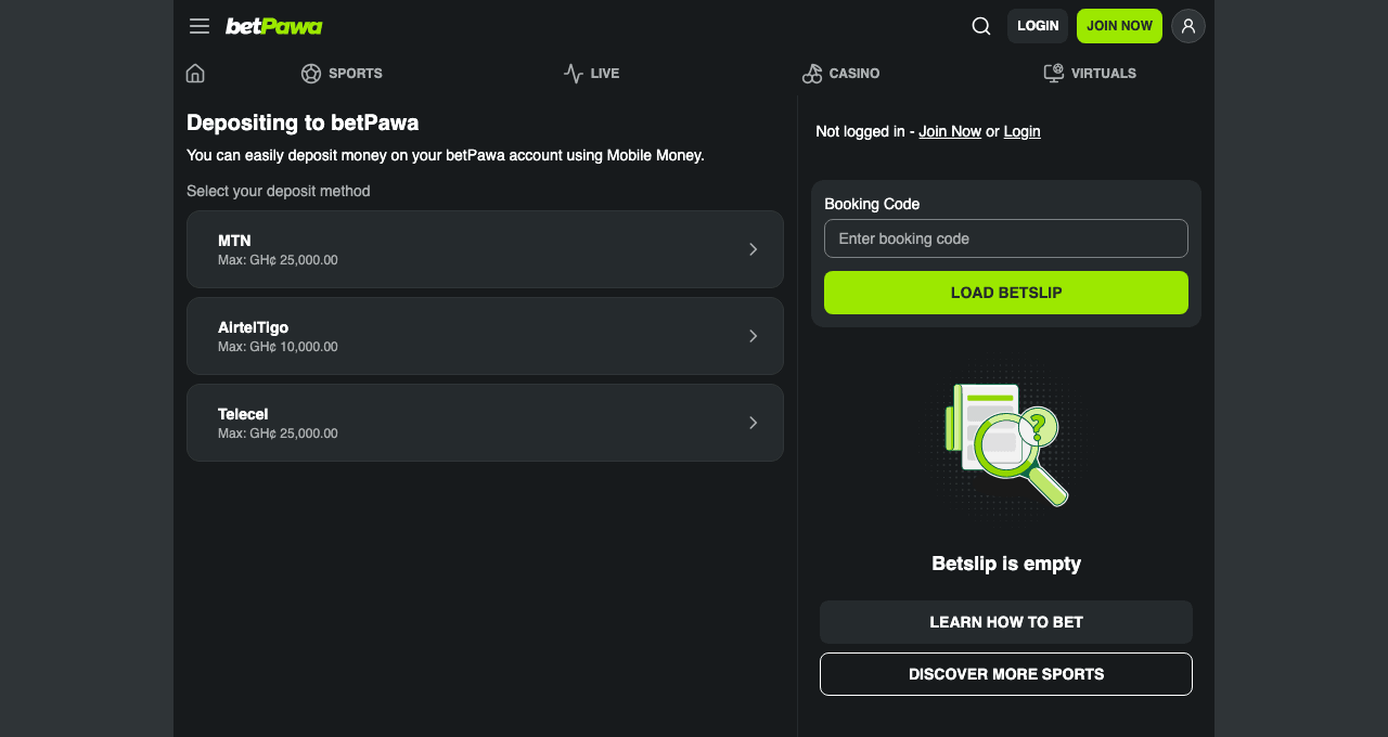 betPawa deposit page listing MTN, AirtelTigo and Telecel as separate deposit channels